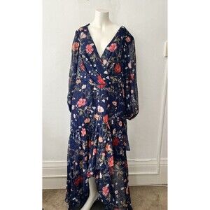 Eliza J Navy 18/20 Blue Floral Wrap Dress Size High Low Tiered Flowy Maxi Style